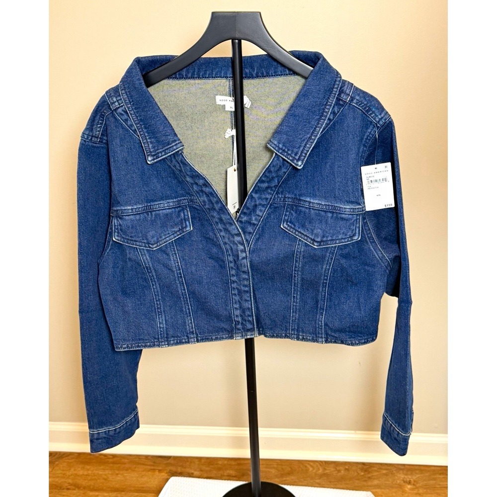 Good American Off the Shoulder Cropped Jean Jacket Button Pockets Blue XL